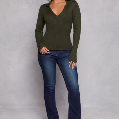 Ribbed Knit Johnny Collar Sweater