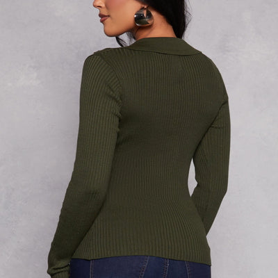 Ribbed Knit Johnny Collar Sweater