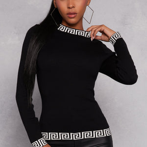 Greek Key Trim Mock Neck Sweater