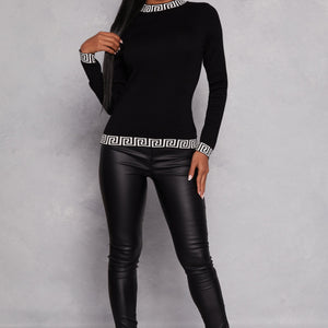 Greek Key Trim Mock Neck Sweater