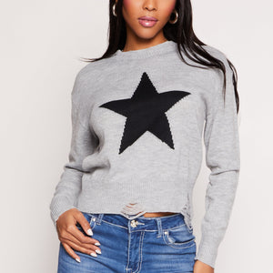 Distressed Star Graphic Crew Neck Top