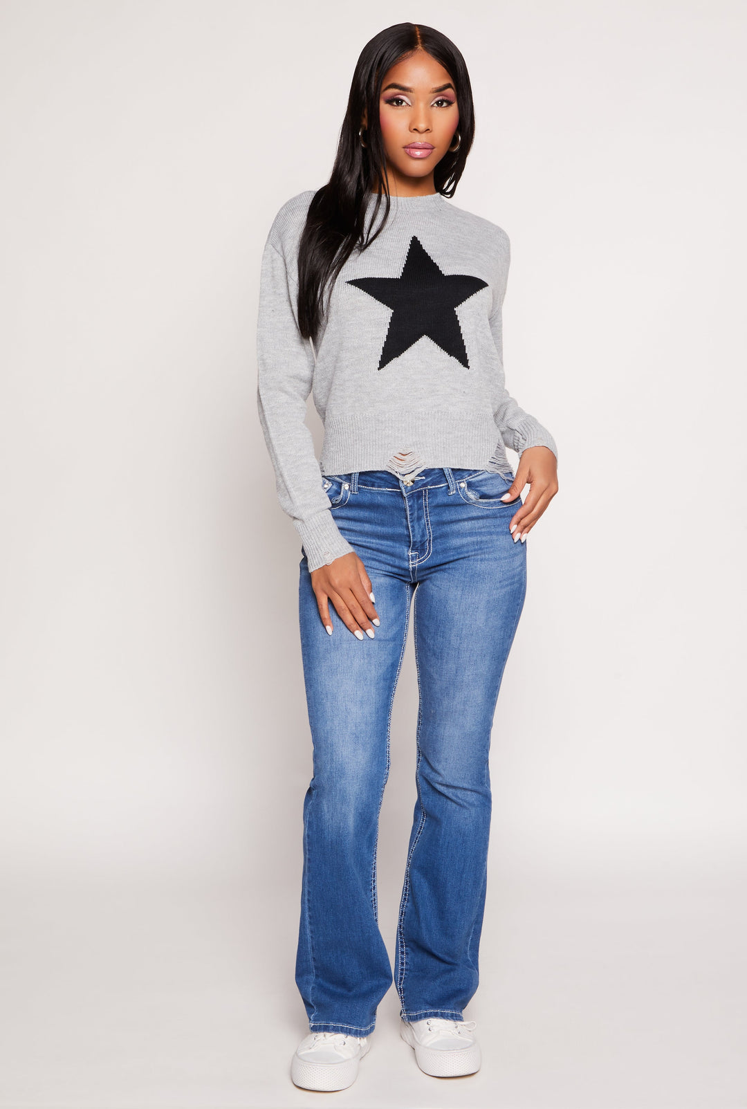 Distressed Star Graphic Crew Neck Top