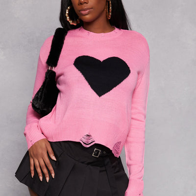 Distressed Heart Graphic Crew Neck Top