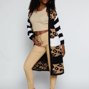 Color Block Animal Print Long Cardigan
