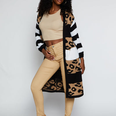 Color Block Animal Print Long Cardigan