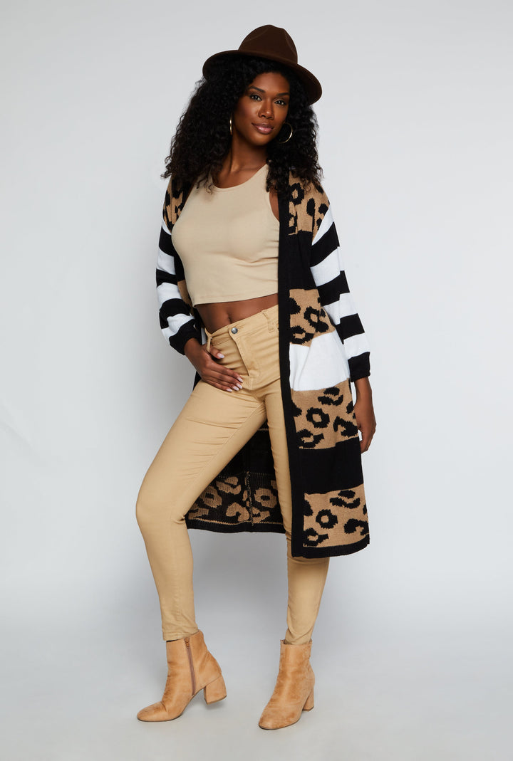 Color Block Animal Print Long Cardigan