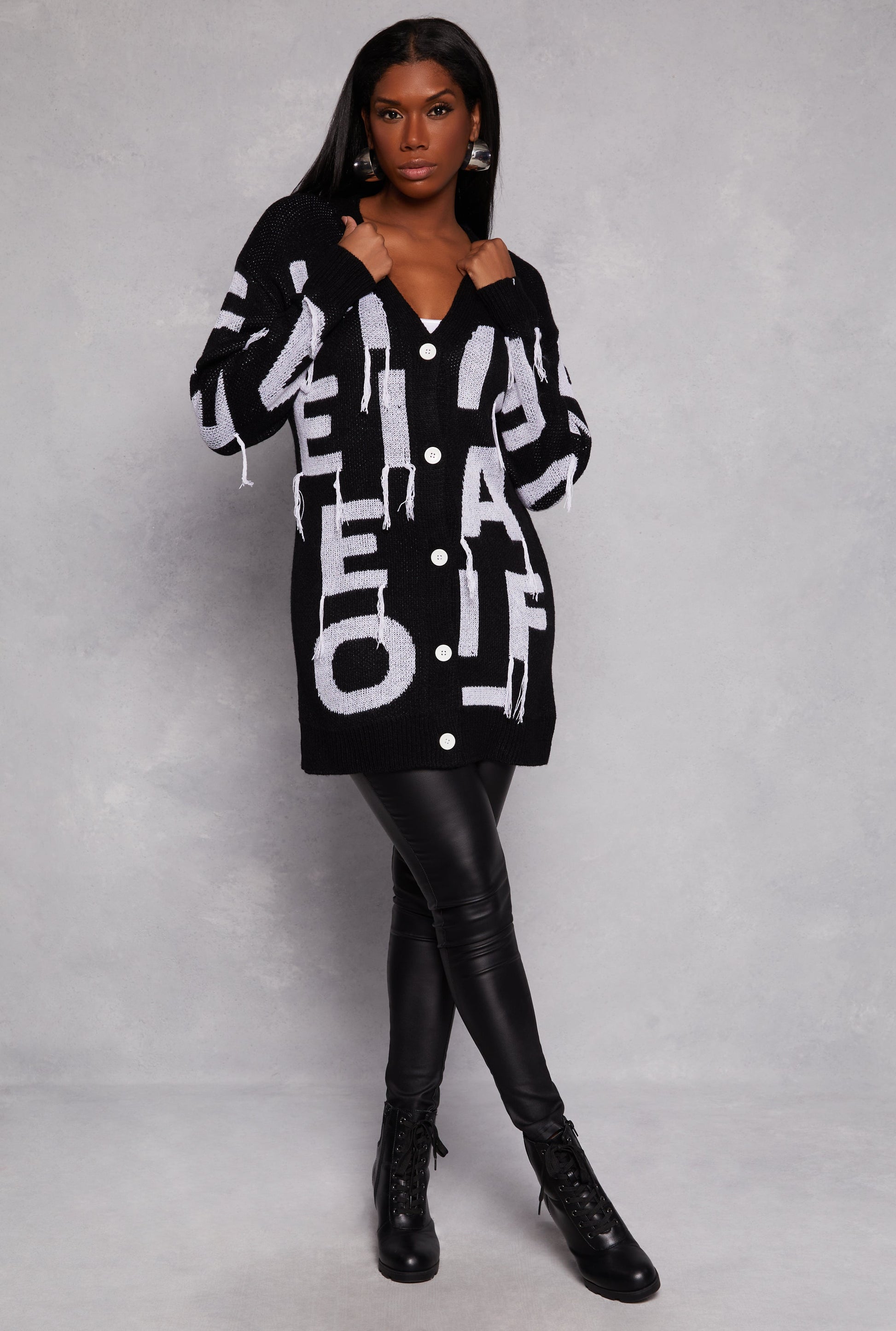Alphabet Fringe Detail Button Front Cardigan