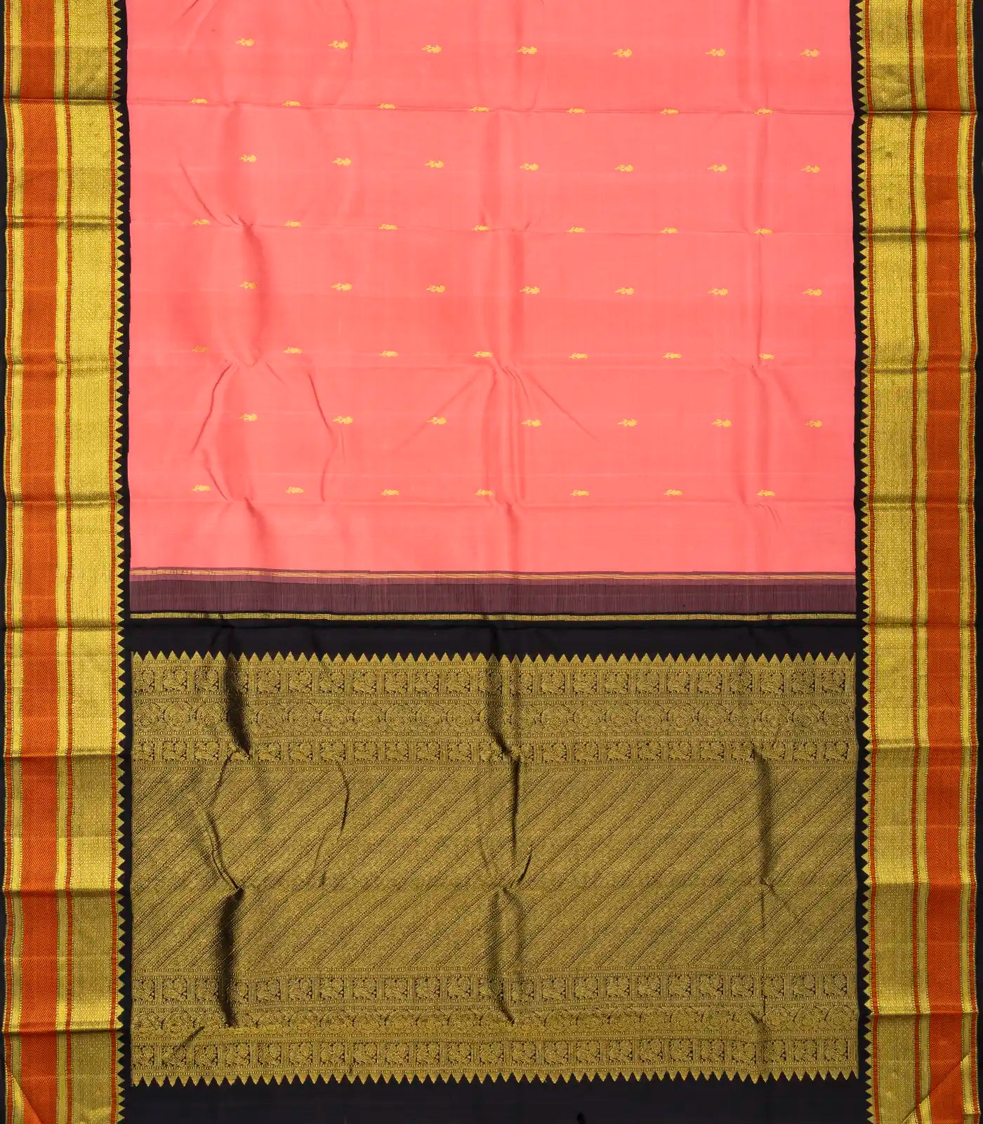 Peach Handloom Kanchipuram Korvai Silk Saree With Floral Buttas