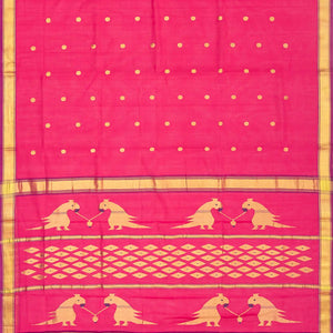 Hot Pink Handloom Venkatagiri Cotton Saree With Coin buttis and Jamdani Parrot Pallu Motifs