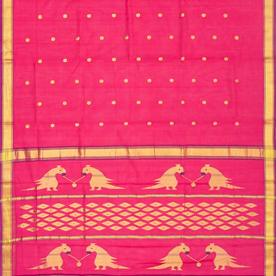 Hot Pink Handloom Venkatagiri Cotton Saree With Coin buttis and Jamdani Parrot Pallu Motifs