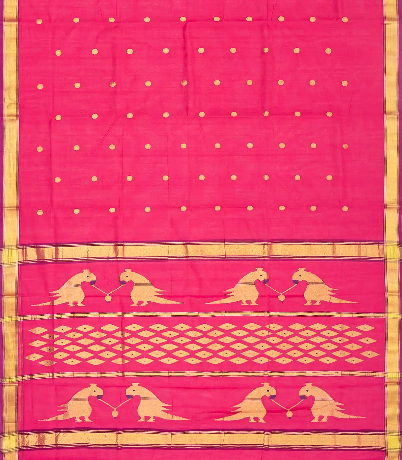 Hot Pink Handloom Venkatagiri Cotton Saree With Coin buttis and Jamdani Parrot Pallu Motifs