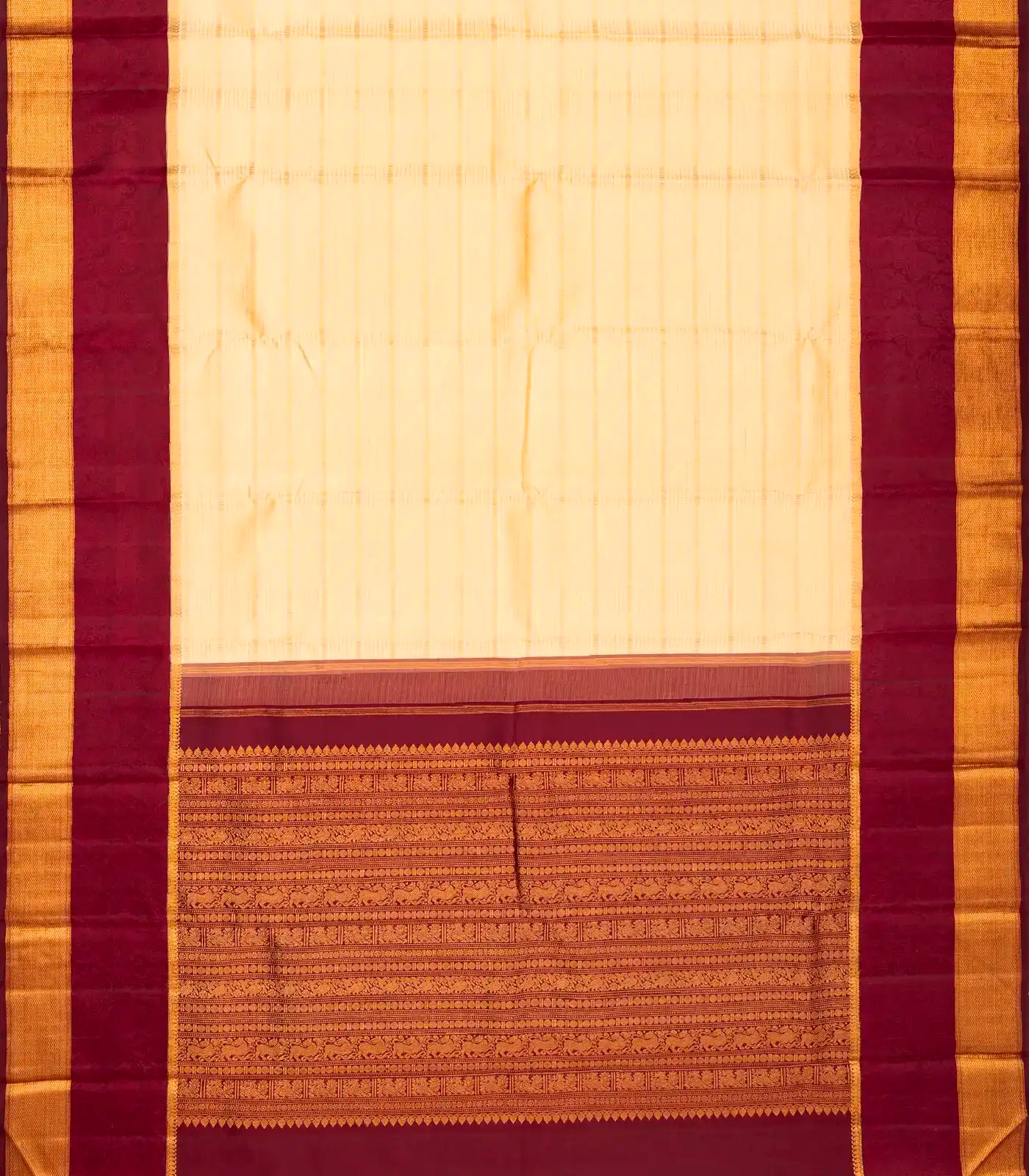 Cream Handloom Kanchipuram Silk Saree Korvai With Stripes
