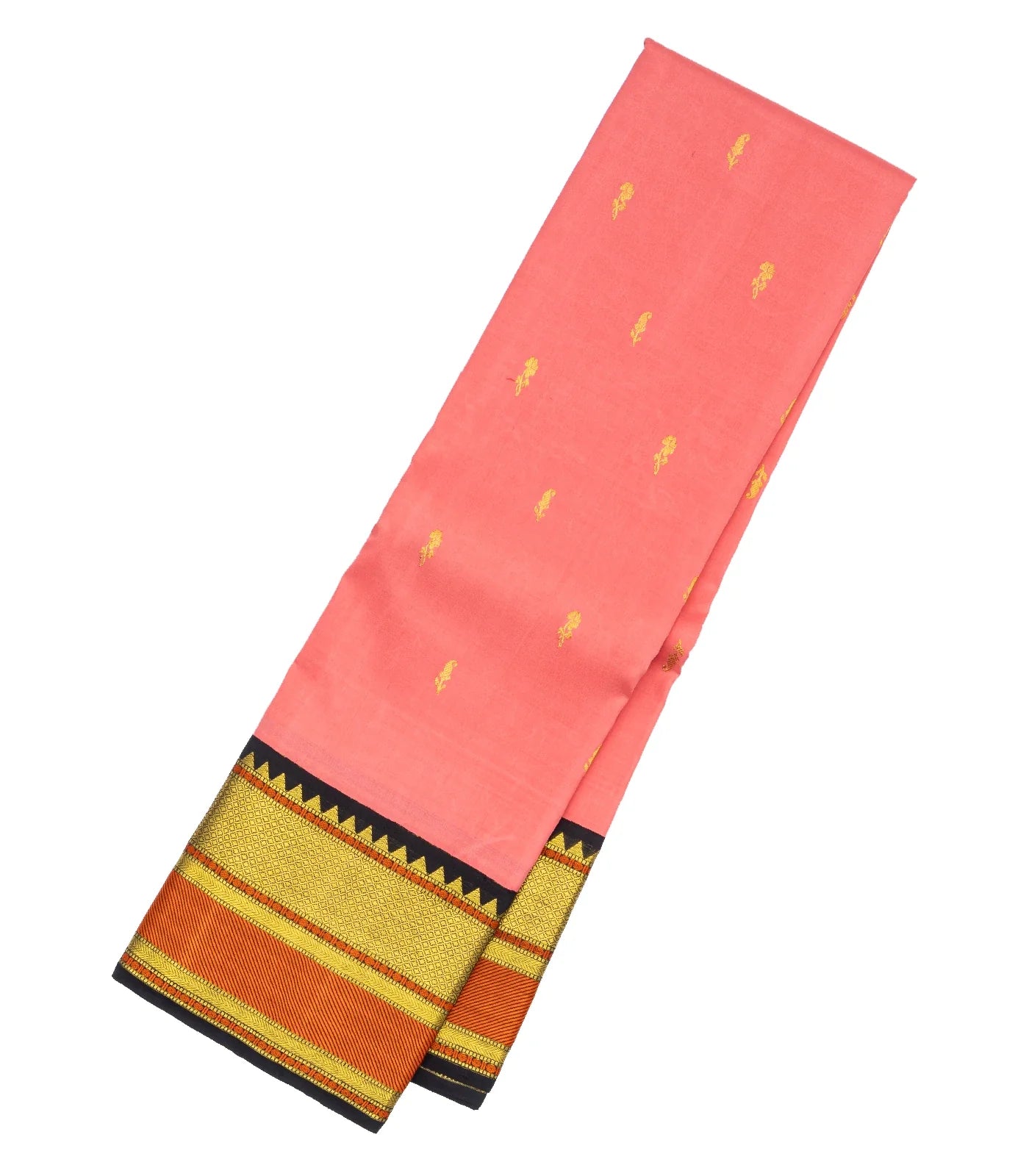Peach Handloom Kanchipuram Korvai Silk Saree With Floral Buttas