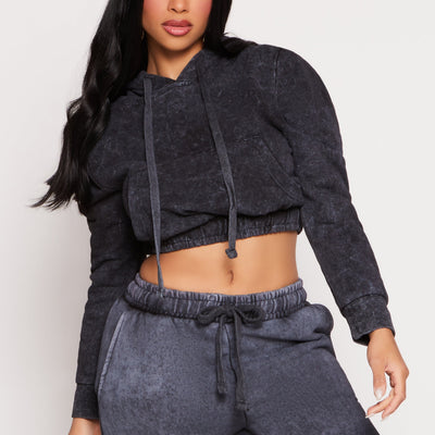 Acid Wash Cropped Pullover Hoodie