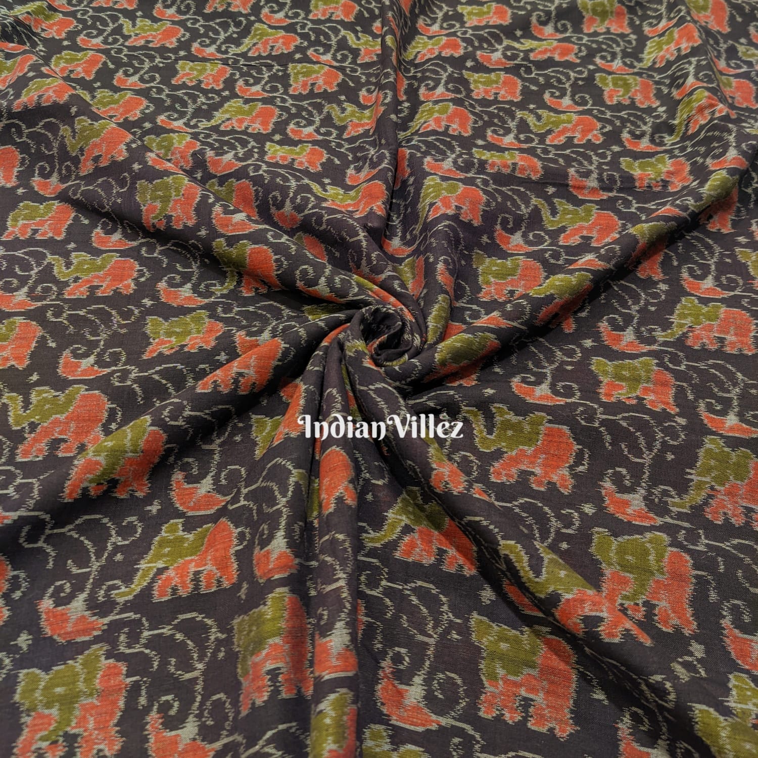 Black Elephant Design Odisha Ikat Sambalpuri Cotton Fabric