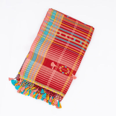 Red Handloom Bhujodi Cotton Saree With Checks