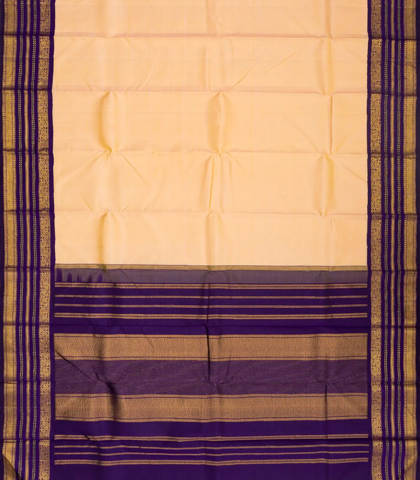 Light Peach Handloom Kanchipuram Korvai Silk Saree With Violet Border