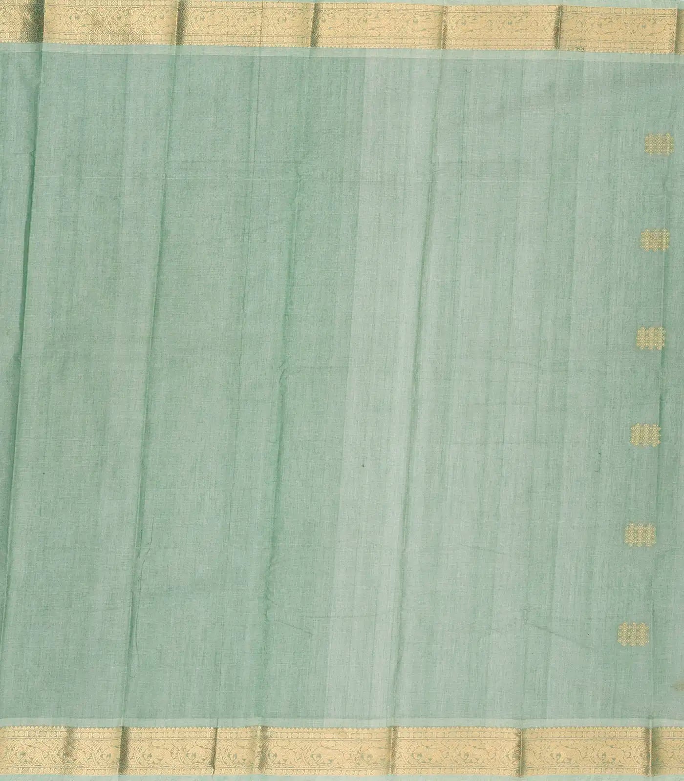 Light Green Handloom Kanchi Cotton Saree With Kolam Butta And Animal Motifs.