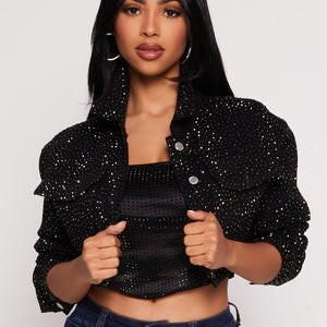 Daisy Rhinestone Cropped Jean Jacket