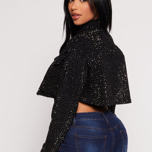 Daisy Rhinestone Cropped Jean Jacket