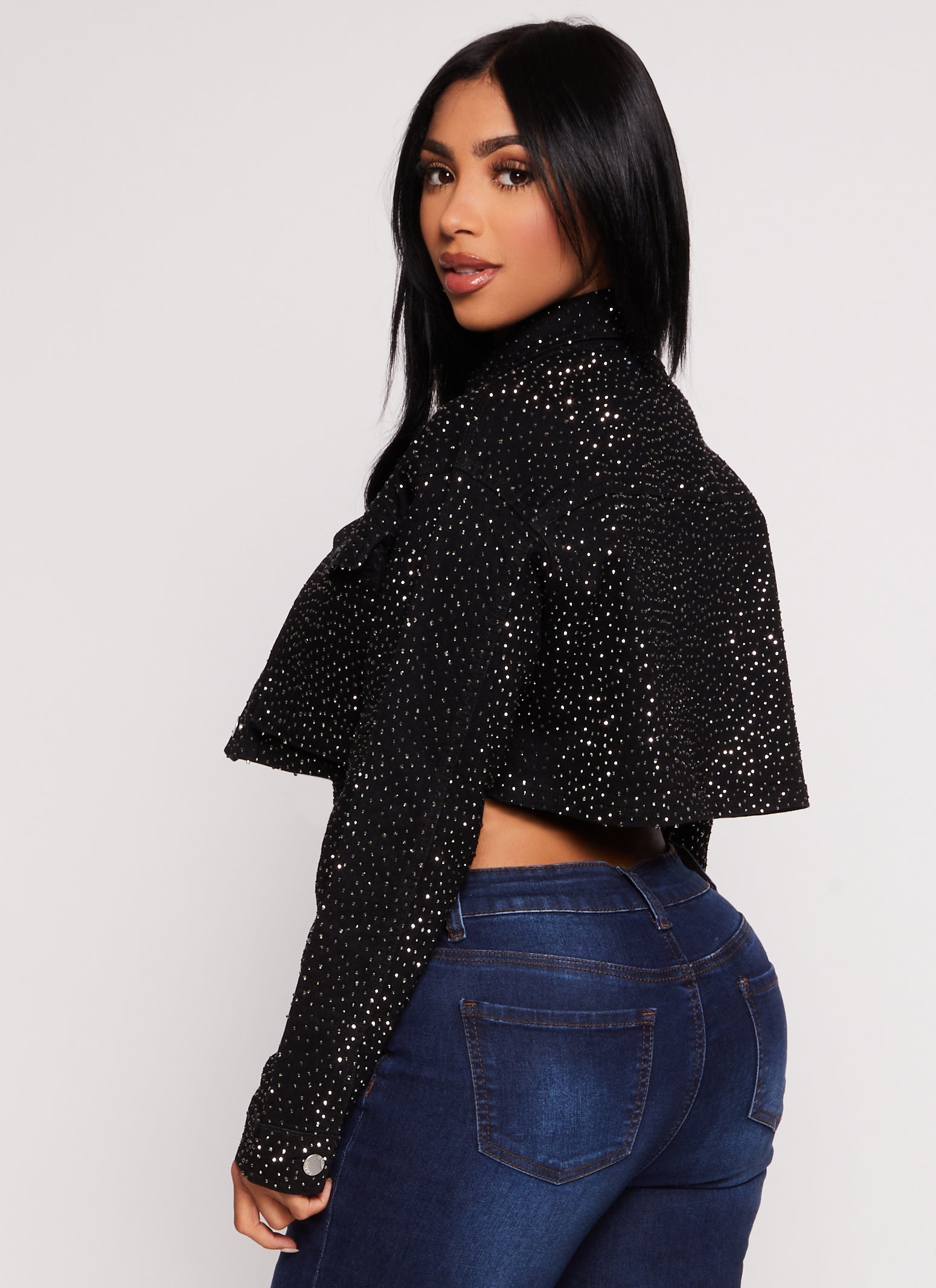 Daisy Rhinestone Cropped Jean Jacket