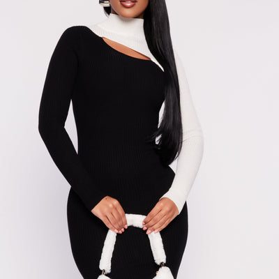 Asymmetrical Keyhole Color Blocked Sweater Dress