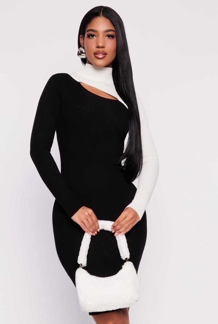 Asymmetrical Keyhole Color Blocked Sweater Dress