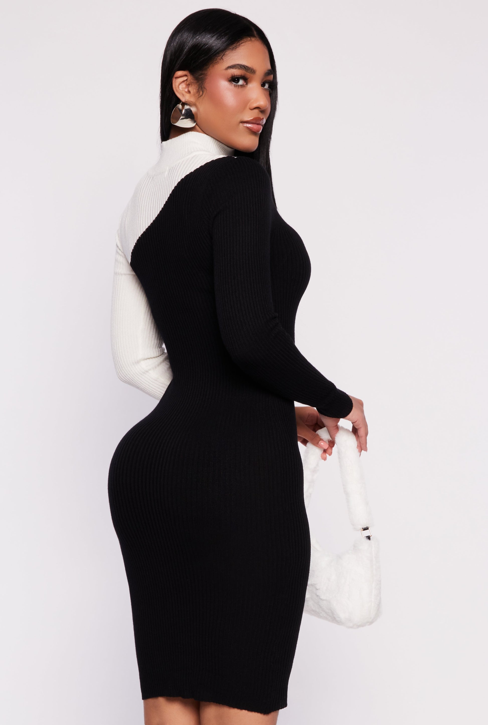 Asymmetrical Keyhole Color Blocked Sweater Dress