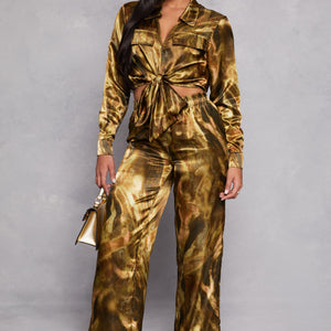 Satin Printed Crop Top and Pants Set