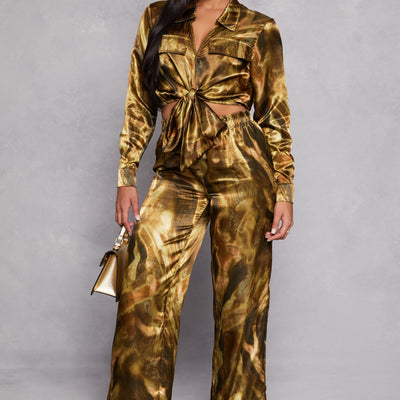 Satin Printed Crop Top and Pants Set