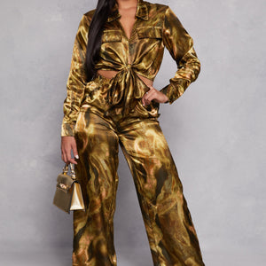 Satin Printed Crop Top and Pants Set
