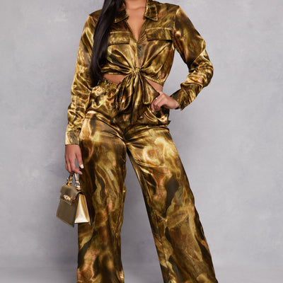 Satin Printed Crop Top and Pants Set