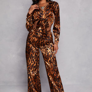 Satin Leopard Print Crop Top and Pants Set