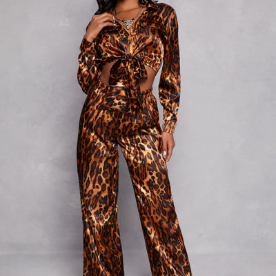 Satin Leopard Print Crop Top and Pants Set
