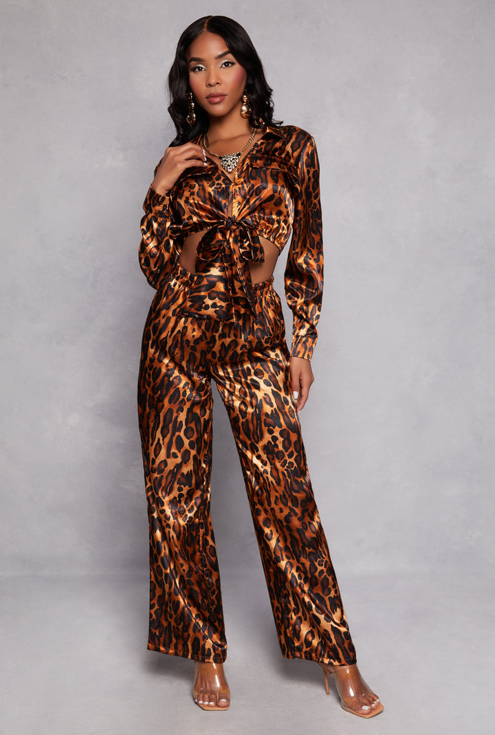 Satin Leopard Print Crop Top and Pants Set