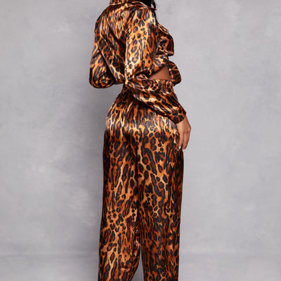 Satin Leopard Print Crop Top and Pants Set