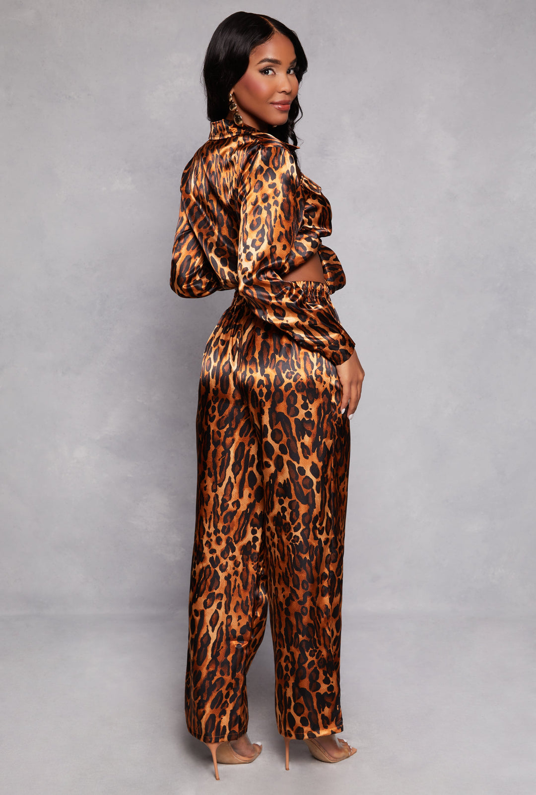 Satin Leopard Print Crop Top and Pants Set