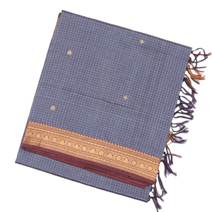 Grey Handloom Silk Cotton Saree With Checks & Buttas