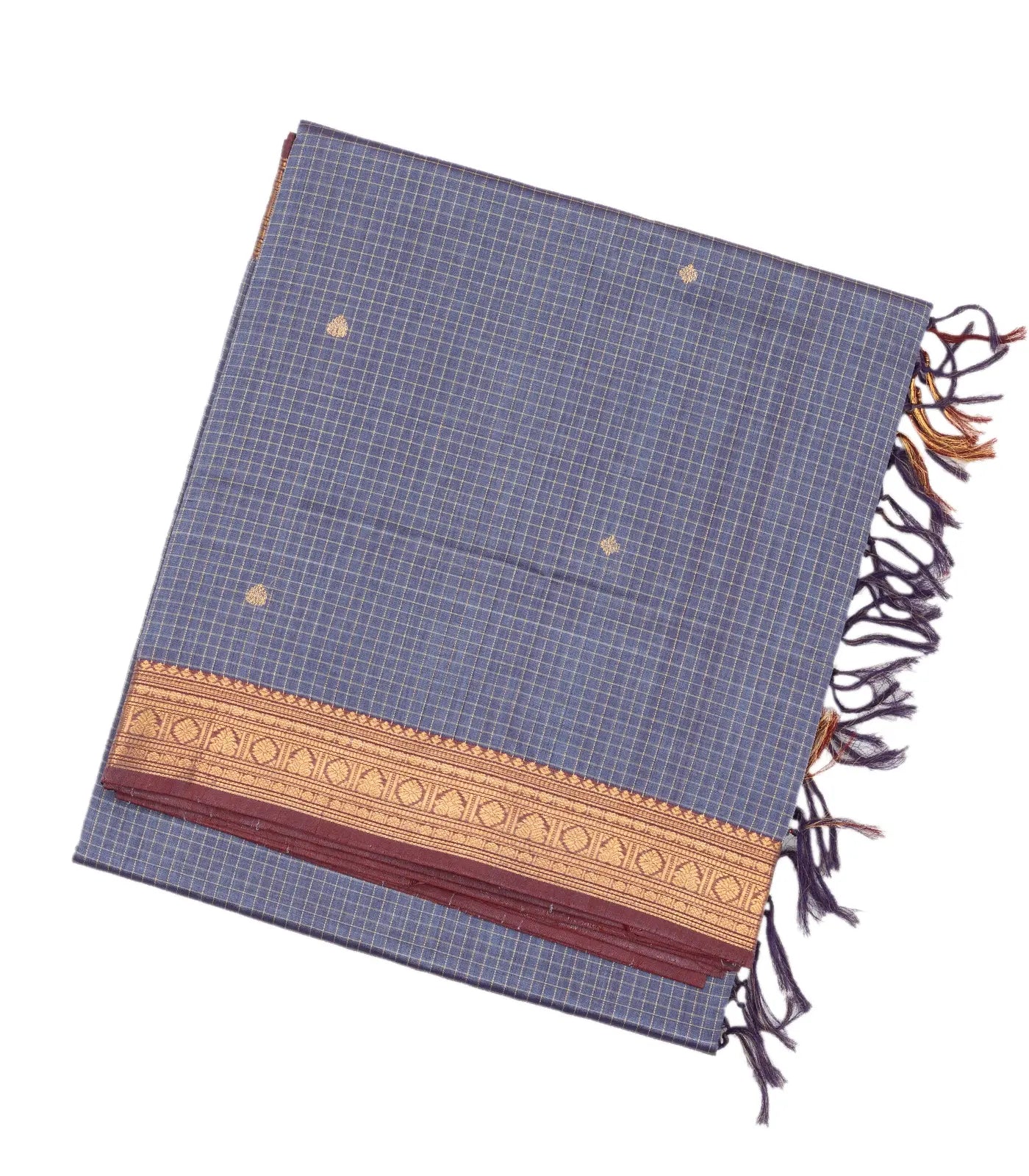 Grey Handloom Silk Cotton Saree With Checks & Buttas