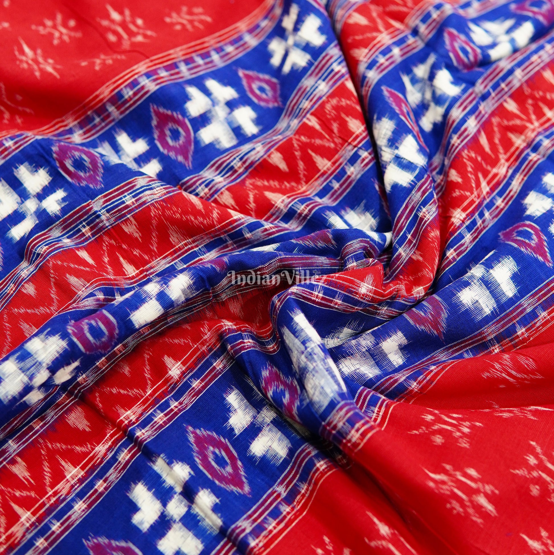 Red With Blue Pasapalli & Devil Eye Design Sambalpuri Cotton Fabric