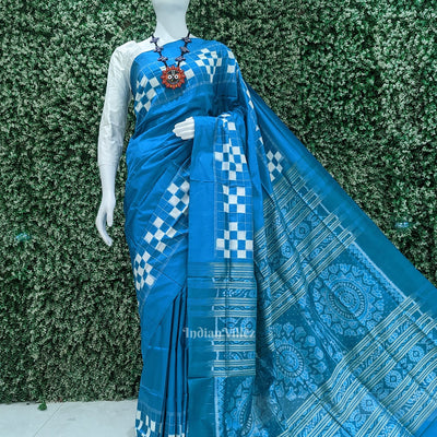 Surf Blue White Pasapali Border Sambalpuri Silk Saree