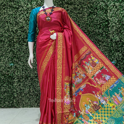 Red with Sea Green Ramayana Theme Hand-Painted Pattachitra Saree