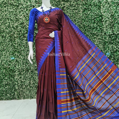 Dark Wine With Blue Kumbha Sambalpuri Ikat Tussar Silk Saree