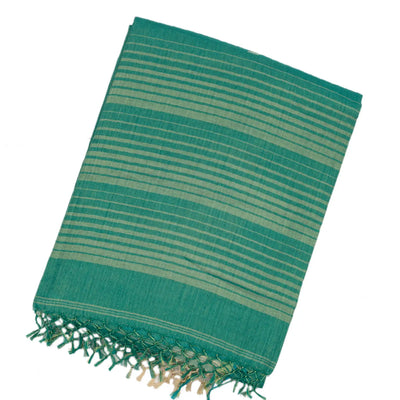 Aquamarine Handloom Bengal Cotton Saree With Floral Buttas & Stripes