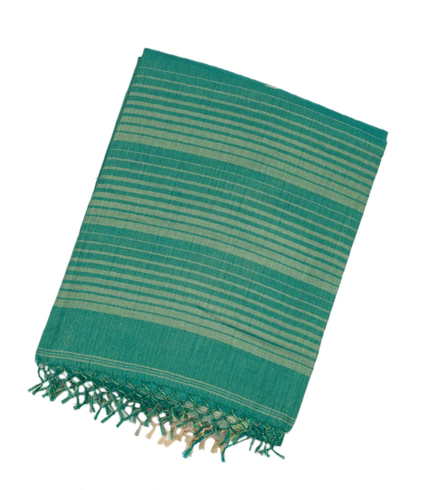 Aquamarine Handloom Bengal Cotton Saree With Floral Buttas & Stripes