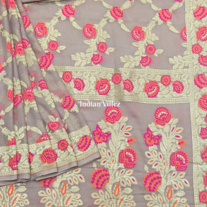 Peach Flower Motif Banarasi Khaddi Georgette Saree