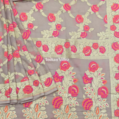 Peach Flower Motif Banarasi Khaddi Georgette Saree