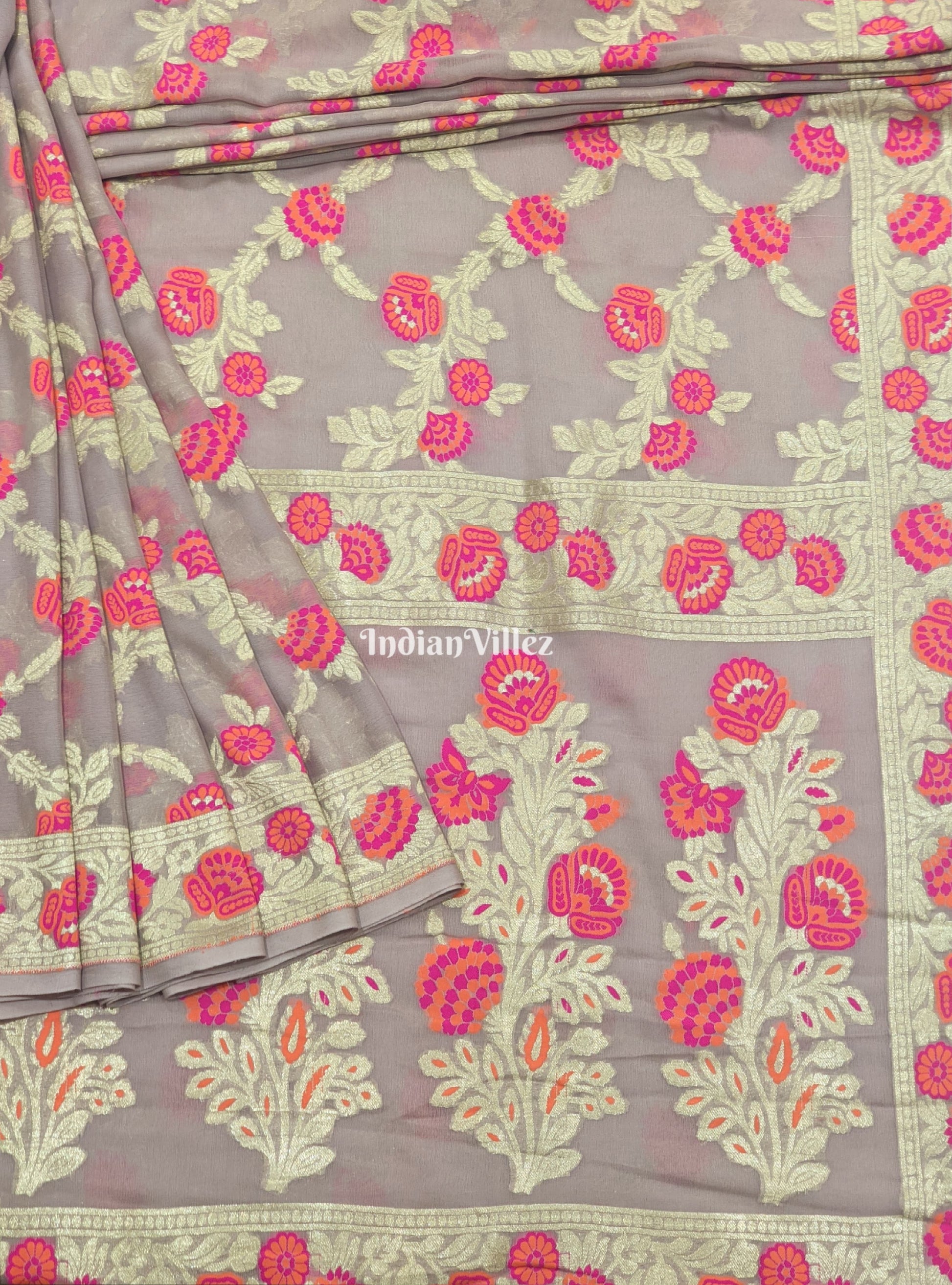 Peach Flower Motif Banarasi Khaddi Georgette Saree