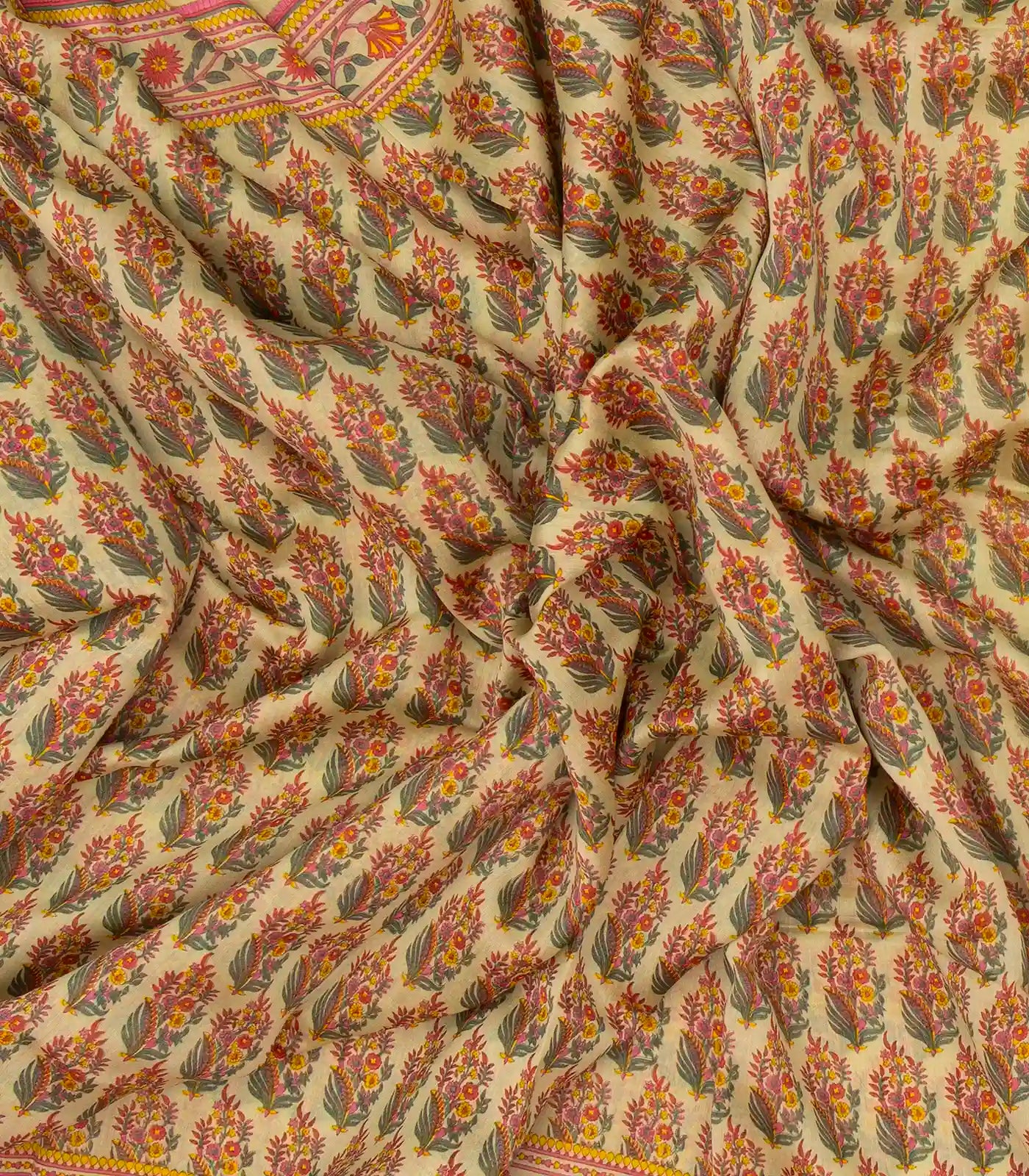 Cream Handloom Chanderi Cotton Saree With Printed Pink Floral Motif