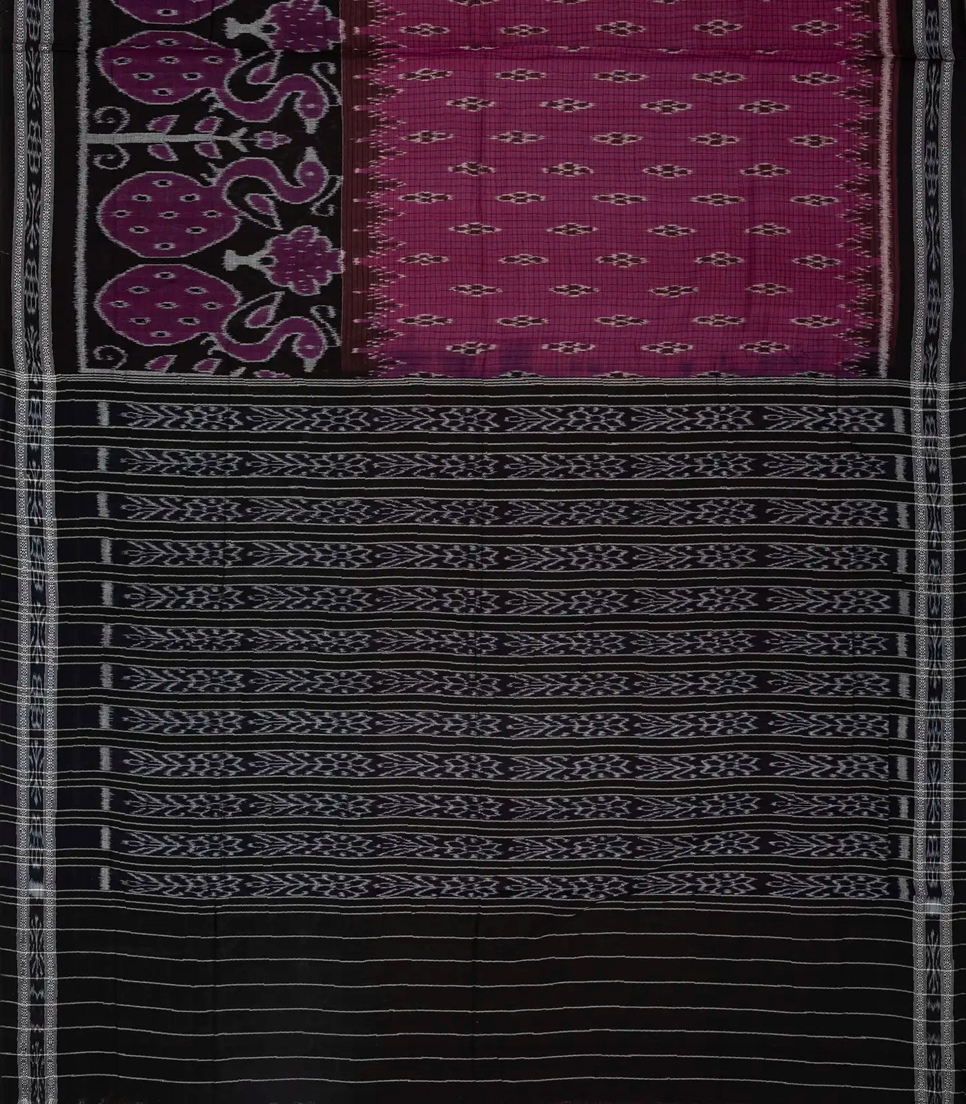 Magenta & Black Handwoven Orissa Cotton Saree With Tie & Dye Motifs